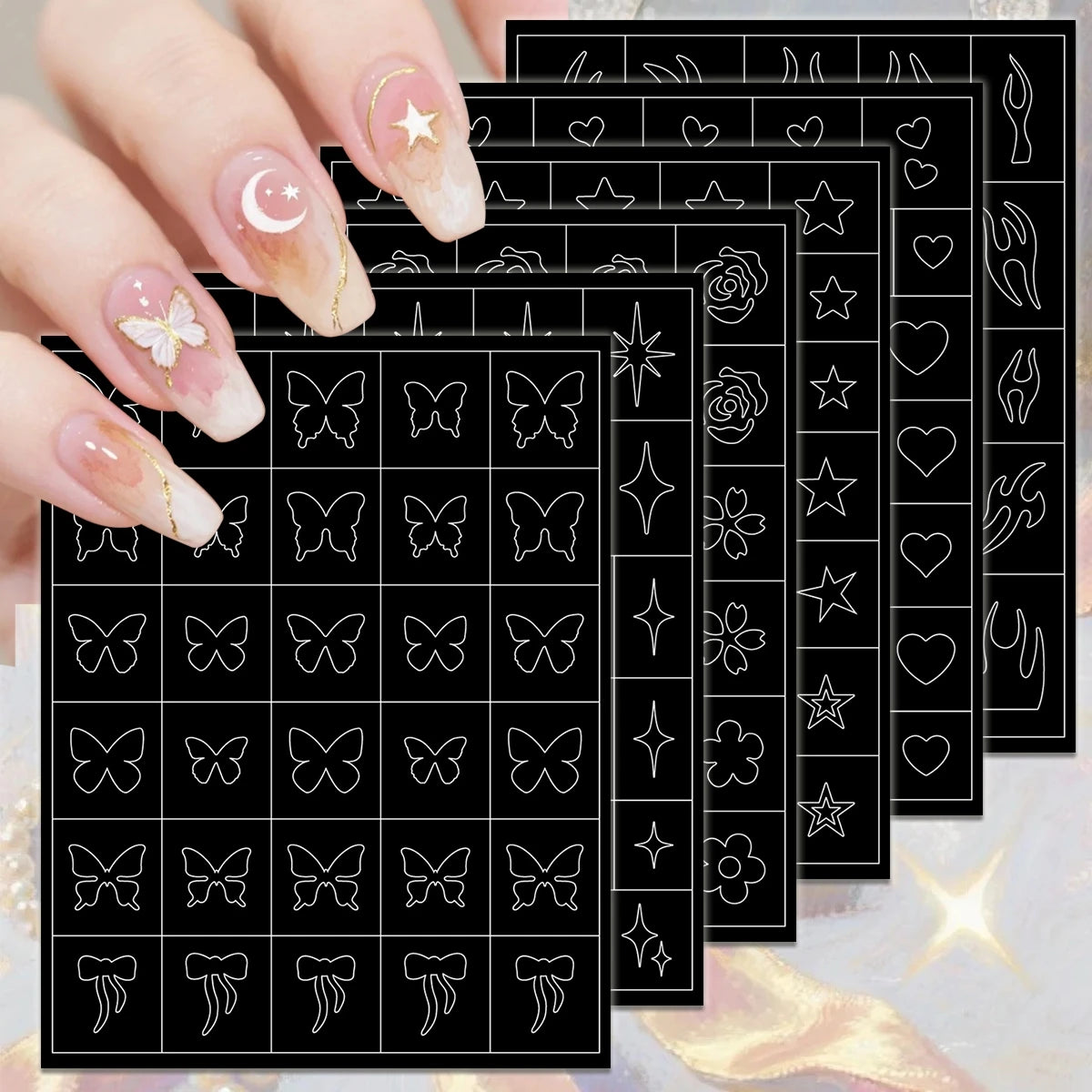 Adesivos Stencil para Nail Art – Kit com 3, 6, 12 ou 18 Cartelas