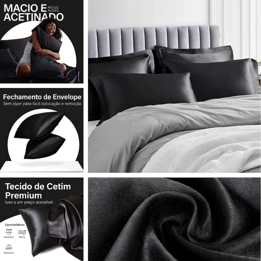Kit 2 Fronhas de Cetim com Fechamento Envelope