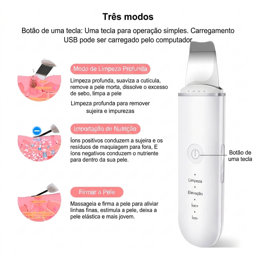 Espatula Peeling Ultrassonica Limpeza Facial Removedor Cravos